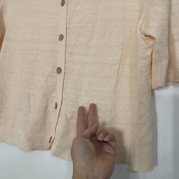 EILEEN FISHER short sleeve peach orange linen blend lightweight cardigan Large - Picture 2 of 7
